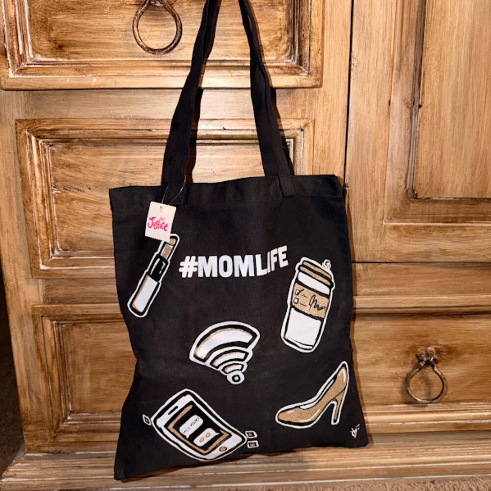 NWT~ Justice #MomLife Canvas Tote Bag~ Black w/Gold Glitter (D27)